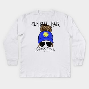 Softball Hair Don’t Care Girl Messy Bun in Cap Kids Long Sleeve T-Shirt